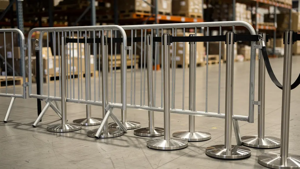 Rangée d'équipements de sécurité événementielle incluant barrières métalliques et poteaux à sangle