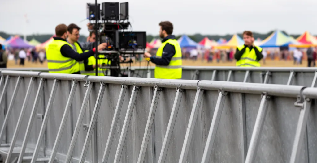 Techniciens installant des barrières de sécurité lors d'un festival en plein air