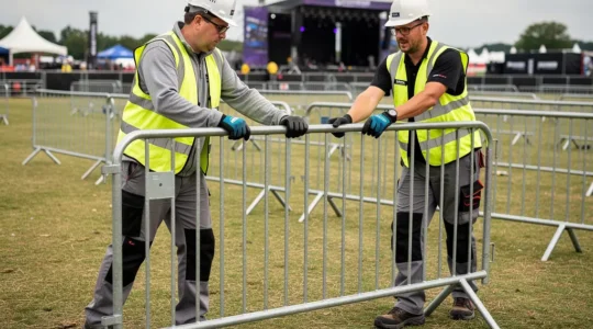 Techniciens installant des barrières de sécurité métalliques sur un site événementiel extérieur