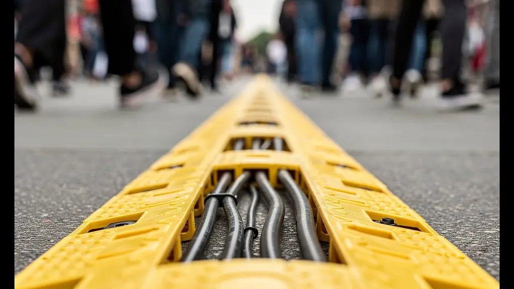 Protège-câbles jaunes installés au sol lors d'un événement extérieur pour sécuriser les passages