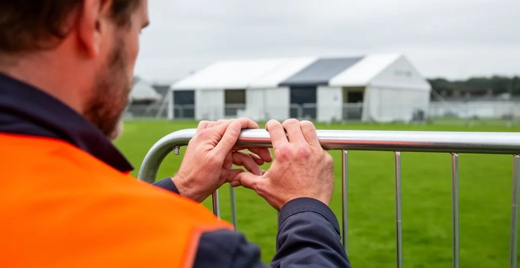 Technicien positionnant une barrière de sécurité métallique sur terrain herbeux