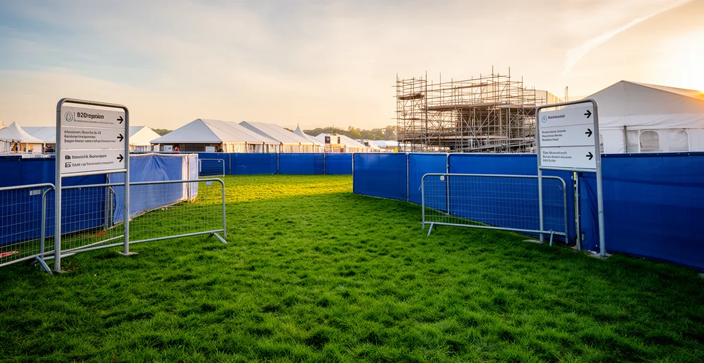Vue aérienne d'un périmètre événementiel sécurisé avec signalétique directionnelle
